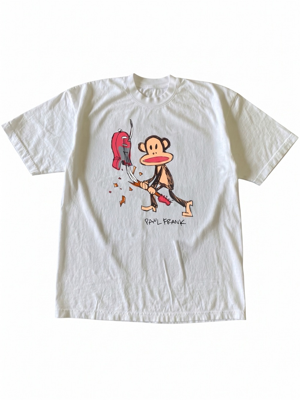 Paul Frank Julius Monkey Guitar Smashing Y2K White Graphic T-Shirt